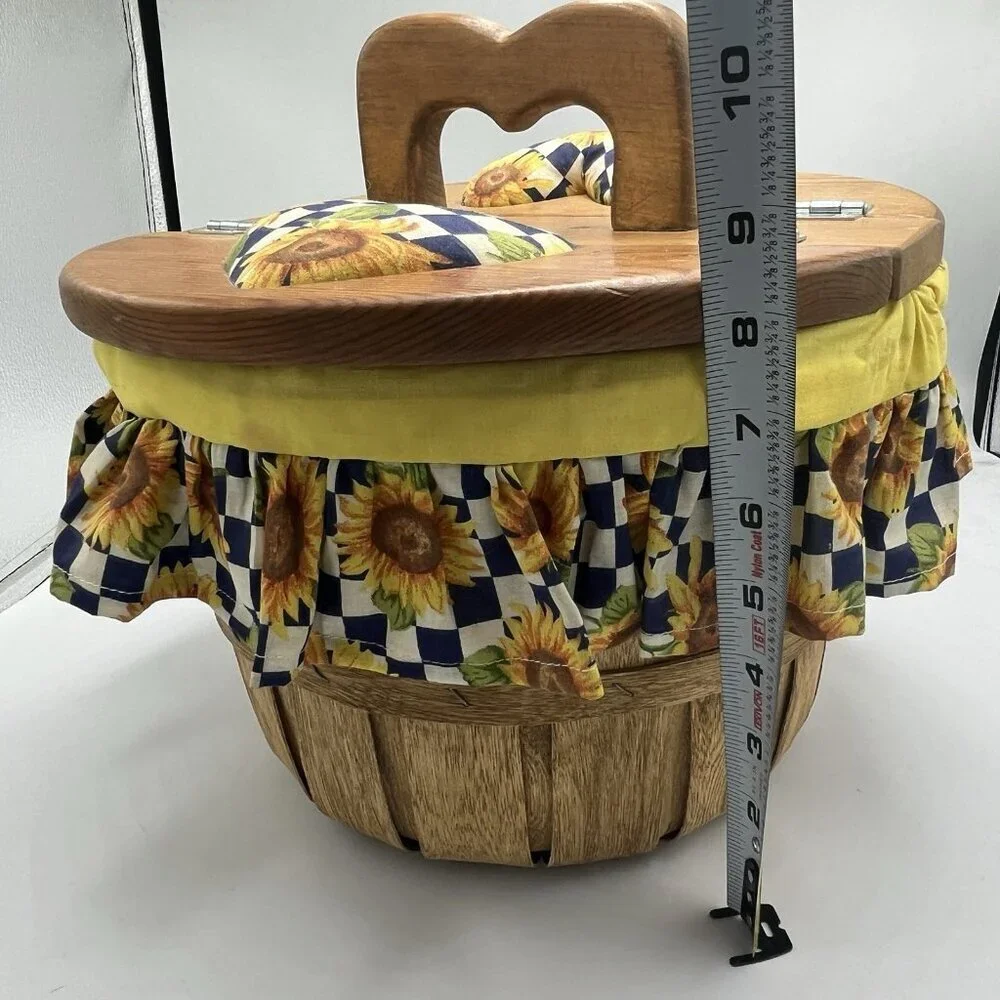 Vintage Half Bushel Sewing Picnic Basket Wooden Handle Sunflower Fabric Lined